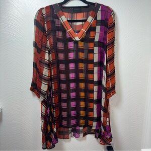 Q Neel Nordic Design Women’s Plaid V-Neck Semi Sheer Blouse Size 6 Retro